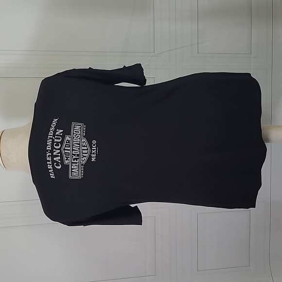 HARLEY Davidson Black Logo T-Shirt Cancun Mexico Metallic Logo Lattice Sleeve - Picture 6 of 10